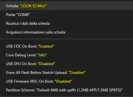 impostazioni compilatore ide arduino per LolinS2Mini - Lutritech.it
